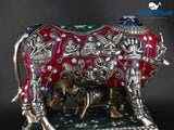 White Whale Kamdhenu Cow & Baby Cow Brass Statue Religious Strength Sculpture Idol