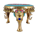 Whitewhale Brass Round Chowki with Elephant Pillars and Bells with Stone Work, Brass Pooja Chowki for Home Temple, Religious Home Decor
