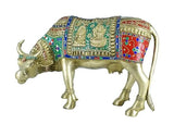 White Whale Brass Kamdhenu Cow with Calf Statue Stonework, Holy Cow Idol, Showpiece for Home Decor, Handmade Divine Cow, The Cow of Wishes.