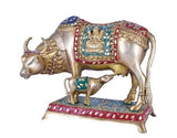 White Whale Brass Kamdhenu Cow with Calf Statue Stonework, Holy Cow Idol, Showpiece for Home Decor, Handmade Divine Cow, The Cow of Wishes.