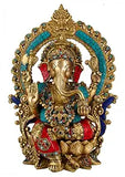 White Whale Lord Ganesh Murti Ganesha Idol Ganpati Brass Statue with Multicolor Stone Work for Home Decoration Showpiece