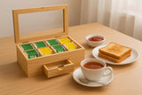 White Whale Tea Box Storage Natural Tea Chest Tea Bag Holder Glass Window with An Antique Brass Little Spoon.