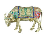 White Whale Brass Kamdhenu Cow with Calf Statue Stonework, Holy Cow Idol, Showpiece for Home Decor, Handmade Divine Cow, The Cow of Wishes.