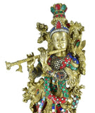 White Whale Krishna Statue | Big Brass Krishna Idol | Flute Krishna | Colourful Krishna with Stone Work | God of Love.