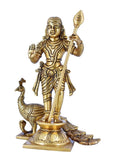 White Whale Brass Lord Kartik Standing Idol with Peacock the Vehicle of Kartikeya