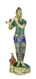 White Whale Lord Krishna Statue | Beautiful Clay Handmade Krishna Big Standing Lord Krishna Murti Playing Flute with Side Peacock.