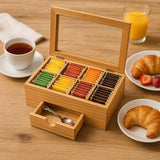 White Whale Tea Box Storage Natural Tea Chest Tea Bag Holder Glass Window with An Antique Brass Little Spoon.