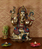 White Whale Large Lord Ganesha Sitting On Lotus Brass Idol Hindu Good Luck God Deity Ganesh Statue -Hindu Ganesha Idol Sculptures Home Décor