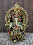 White Whale Lord Ganesh Murti Ganesha Idol Ganpati Brass Statue with Multicolor Stone Work for Home Decoration Showpiece