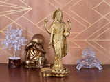 White Whale Hindu Goddess Maa Laxmi Idol Brass Statue Standing in Loltus Lakshmi for Temple Puja Home Decor Murti Office Gift Item Showpiece