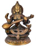 White Whale Maa Saraswati Brass Statue Religious Goddess Sculpture Idol Home Décor