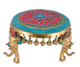 Whitewhale Brass Round Chowki with Elephant Pillars and Bells with Stone Work, Brass Pooja Chowki for Home Temple, Religious Home Decor