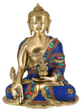 Whitewhale Large Buddha Brass Statue - Handmade Blue Stone Medicine Buddhist Tibetan Healing Decor Sculpture
