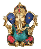 White Whale Lord Ganesh Murti Ganesha Idol Ganpati Brass Statue with Multicolor Stone Work for Home Decoration Showpiece