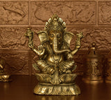 White Whale Brass Lord Ganesha  Left Side Trunk  Sitting On Lotus Statue Idol Home Decor Figurine