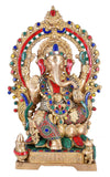 White Whale Lord Ganesh Murti Ganesha Idol Ganpati Brass Statue with Multicolor Stone Work for Home Decoration Showpiece