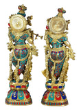 Whitewhale Brass Lord Radha Krishna Couple Bhagwan Large Statue Sculpture Turquoise Murti for Home Decor Pooja Temple - 29 Inch
