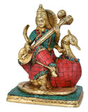 White Whale Maa Saraswati Brass Statue Religious Goddess Sculpture Idol Home Décor