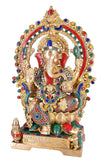 White Whale Lord Ganesh Murti Ganesha Idol Ganpati Brass Statue with Multicolor Stone Work for Home Decoration Showpiece