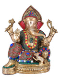 White Whale Lord Ganesh Murti Ganesha Idol Ganpati Brass Statue with Multicolor Stone Work for Home Decoration Showpiece