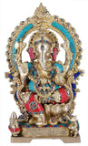 White Whale Lord Ganesh Murti Ganesha Idol Ganpati Brass Statue with Multicolor Stone Work for Home Decoration Showpiece