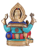 White Whale Lord Ganesh Murti Ganesha Idol Ganpati Brass Statue with Multicolor Stone Work for Home Decoration Showpiece