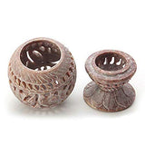 White Whale Natural Soapstone Marble Oval-Shaped Tea Light/Candle/Votive Holder/Oil Burner with Stand and Intricate Carved Foliage Mesh Work Pattern on All Sides