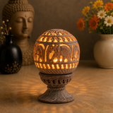 White Whale Natural Soapstone Marble Oval-Shaped Tea Light/Candle/Votive Holder/Oil Burner with Stand and Intricate Carved Foliage Mesh Work Pattern on All Sides