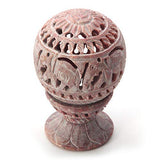 White Whale Natural Soapstone Marble Oval-Shaped Tea Light/Candle/Votive Holder/Oil Burner with Stand and Intricate Carved Foliage Mesh Work Pattern on All Sides