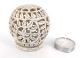 White Whale Hand Carved Floral Design Filigree Mesh Lattice Work Soft Stone Spherical Round Ball Incense Stick Tea Light Candle Burner Holder Stand