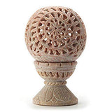 White Whale Natural Soapstone Marble Oval-Shaped Tea Light/Candle/Votive Holder/Oil Burner with Stand and Intricate Carved Foliage Mesh Work Pattern on All Sides