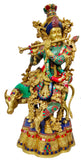 White Whale 27" Lord Krishna Idol with Nandi Cow Brass Statue Idol Showpiece Statue Sculpture Murti