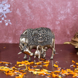 White Whale Superfine Gold Elegant Kamdhenu Cow and Calf Brass Statue Spiritual Showpiece