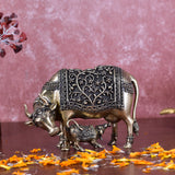 White Whale Superfine Gold Elegant Kamdhenu Cow and Calf Brass Statue Spiritual Showpiece