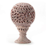 White Whale Natural Soapstone Marble Oval-Shaped Tea Light/Candle/Votive Holder/Oil Burner with Stand and Intricate Carved Foliage Mesh Work Pattern on All Sides