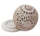 White Whale Hand Carved Floral Design Filigree Mesh Lattice Work Soft Stone Spherical Round Ball Incense Stick Tea Light Candle Burner Holder Stand
