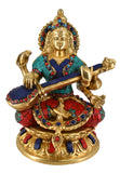 White Whale Maa Saraswati Brass Statue With Multicolor Stone Work Religious Goddess Sculpture Idol Home Décor