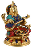 White Whale Maa Saraswati Brass Statue With Multicolor Stone Work Religious Goddess Sculpture Idol Home Décor