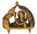 White Whale Lord Ganesha Resting on Royal Shofa Brass Statue Religious Strength God Sculpture Idol