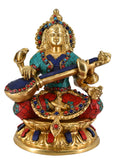 White Whale Maa Saraswati Brass Statue With Multicolor Stone Work Religious Goddess Sculpture Idol Home Décor