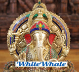 White Whale Brass Ganesha (Siddhivinayak) Statue Sitting on a Throne - Stone finish