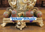 White Whale Brass Ganesha (Siddhivinayak) Statue Sitting on a Throne - Stone finish