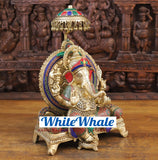 White Whale Brass Ganesha (Siddhivinayak) Statue Sitting on a Throne - Stone finish