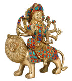 White Whale Brass Maa Durga/Ma Sherwali Idol Sitting On Lion Murti Religious Strength God Sculpture Idol