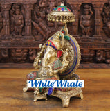 White Whale Brass Ganesha (Siddhivinayak) Statue Sitting on a Throne - Stone finish