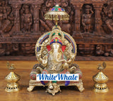 White Whale Brass Ganesha (Siddhivinayak) Statue Sitting on a Throne - Stone finish