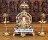 White Whale Brass Ganesha (Siddhivinayak) Statue Sitting on a Throne - Stone finish