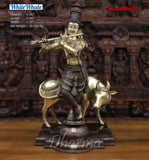 White Whale Brass Krishna Standing with Cow Playing Flute Big Statue - ( Copper and Golden Finish