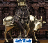 White Whale Brass Krishna Standing with Cow Playing Flute Big Statue - ( Copper and Golden Finish