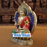 White Whale Brass Throne Buddha in Ornate Robe Embedded With Semi Precious Stone